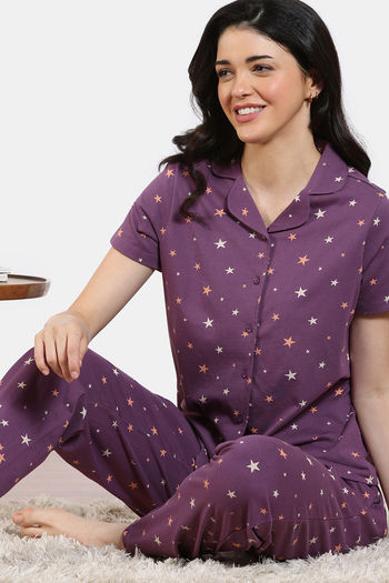 Buy Zivame Starry Dreams Knit Cotton Pyjama Set - Berry Conserve